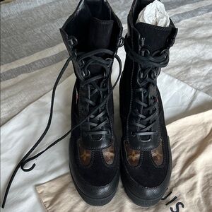 Louis Vuitton Black with Brown Monogram Combat Boots